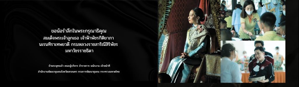 น้อมรำลึกในพระกรุณาธิคุณ สมเด็จพระเจ้าลูกเธอ เจ้าฟ้าพัชรกิติยาภา นเรนทิราเทพยวดี กรมหลวงราชสาริณีสิริพัชร มหาวัชรราชธิดา . ข้าพระพุทธเจ้า คณะผู้บริหาร ข้าราชการ พนักงาน เจ้าหน้าที่  สำนักงานพัฒนาชุมชนจังหวัดสกลนคร กรมการพัฒนาชุมชน กระทรวงมหาดไทย